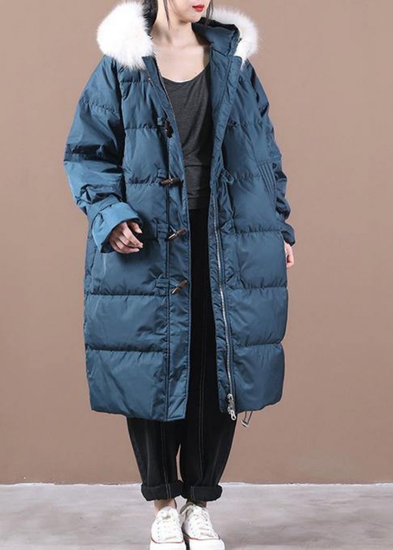 Manteau D'hiver Chaud Bleu De Luxe Poches De Grande Taille Vestes De Neige À Capuche Et Col En Fourrure Élégantes - Bleu