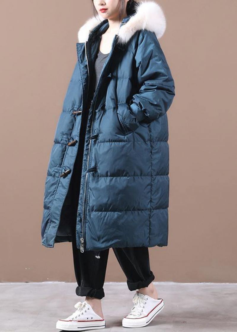 Manteau D'hiver Chaud Bleu De Luxe Poches De Grande Taille Vestes De Neige À Capuche Et Col En Fourrure Élégantes - Bleu