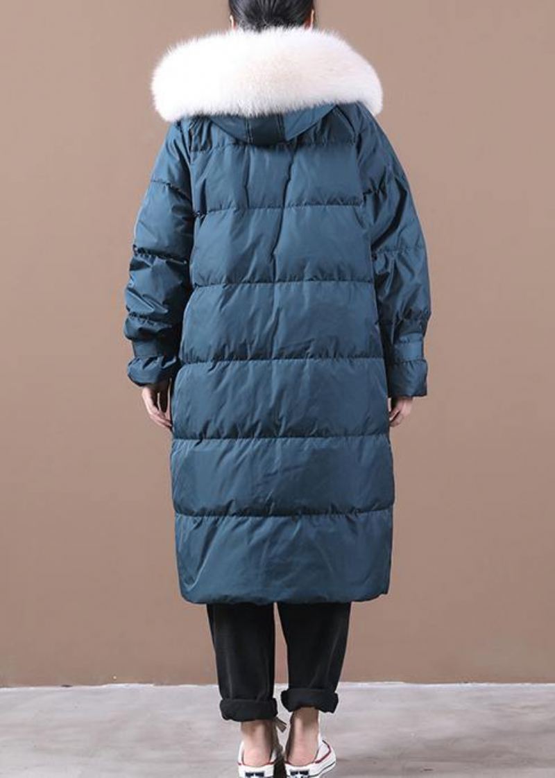 Manteau D'hiver Chaud Bleu De Luxe Poches De Grande Taille Vestes De Neige À Capuche Et Col En Fourrure Élégantes - Bleu