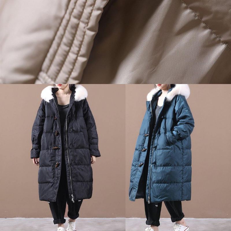 Manteau D'hiver Chaud Bleu De Luxe Poches De Grande Taille Vestes De Neige À Capuche Et Col En Fourrure Élégantes - Bleu