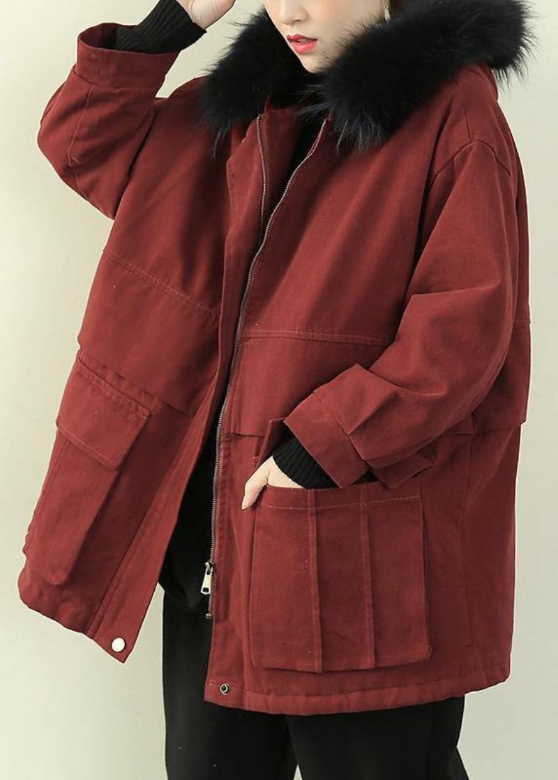 Manteau D'hiver Chaud Décontracté Grande Taille Manteaux Rouge Avec Col En Fausse Fourrure Vêtements D'extérieur