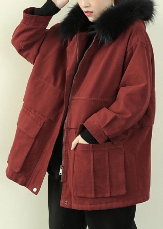 Manteau D'hiver Chaud Décontracté Grande Taille Manteaux Rouge Avec Col En Fausse Fourrure Vêtements D'extérieur