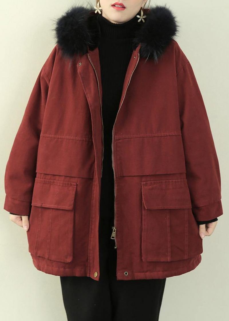 Manteau D'hiver Chaud Décontracté Grande Taille Manteaux Rouge Avec Col En Fausse Fourrure Vêtements D'extérieur - Rouge