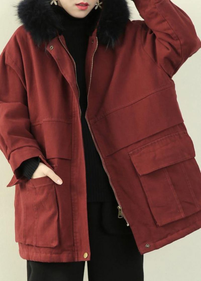 Manteau D'hiver Chaud Décontracté Grande Taille Manteaux Rouge Avec Col En Fausse Fourrure Vêtements D'extérieur - Rouge