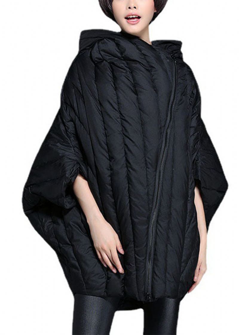 Manteau D'hiver Chaud En Duvet De Canard Avec Manches Cape Noires Simples Et Fermeture Éclair - Doudounes femmes