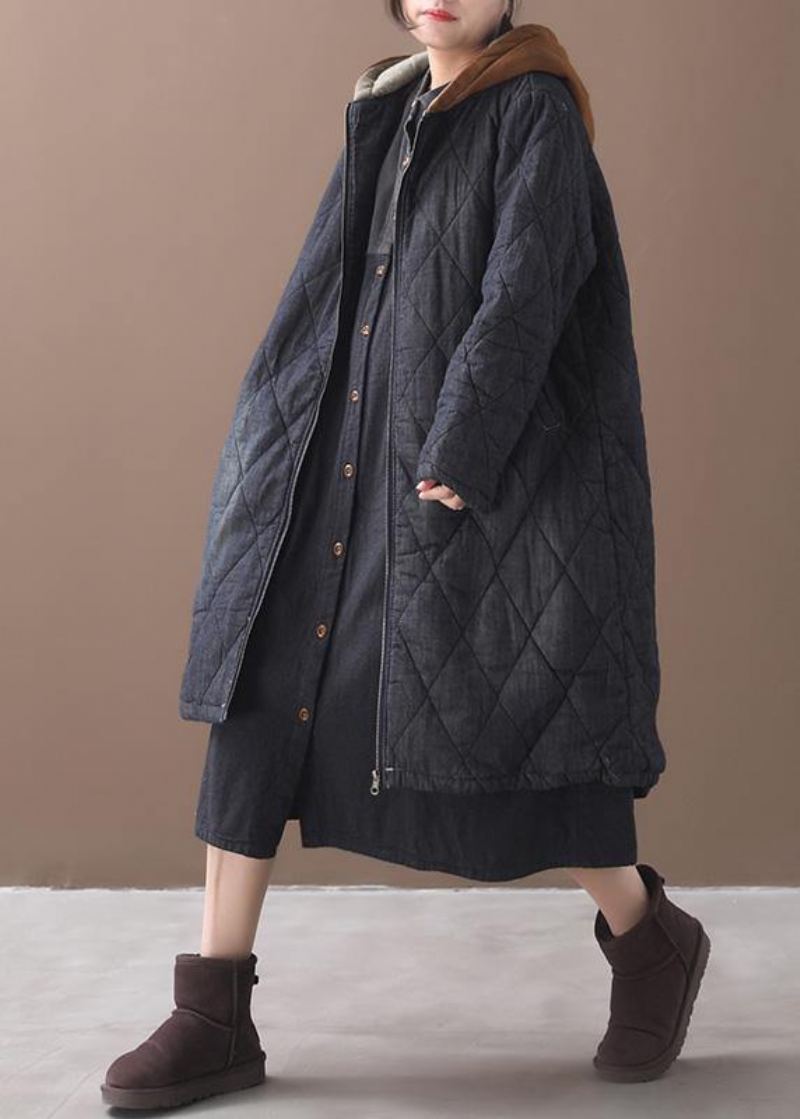 Manteau D'hiver Chaud Élégant Grande Taille À Capuche Vêtements D'extérieur Broderie Noire Tenue Décontractée