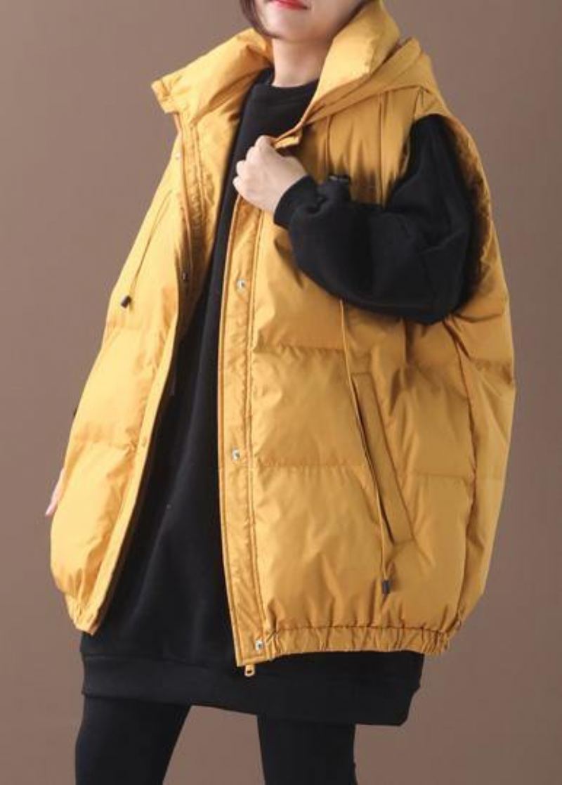 Manteau D'hiver Chaud Élégant De Grande Taille Tenue Décontractée À Capuche Jaune Sans Manches