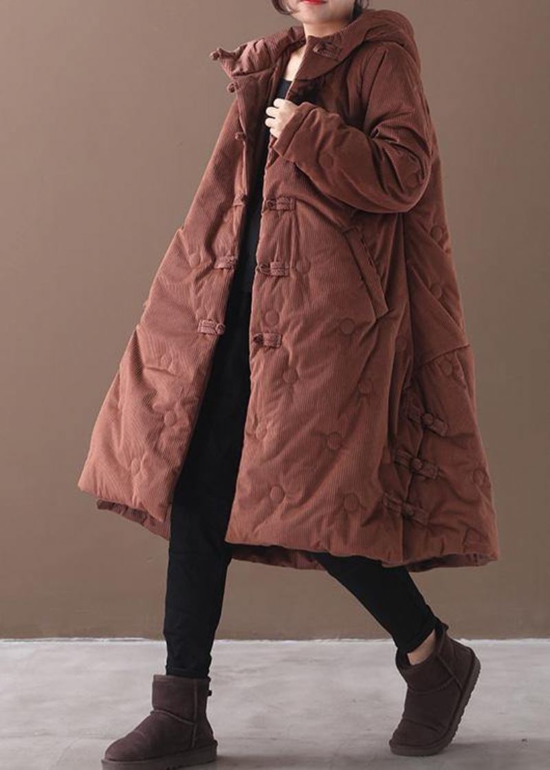 Manteau D'hiver Chaud Élégant Marron Tendance Grande Taille Boutons Chinois Manteaux À Capuche