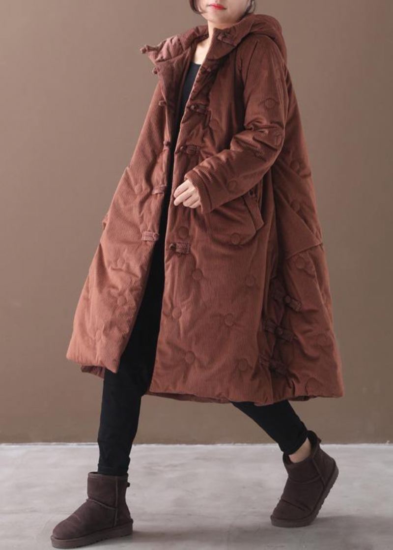 Manteau D'hiver Chaud Élégant Marron Tendance Grande Taille Boutons Chinois Manteaux À Capuche - Marron