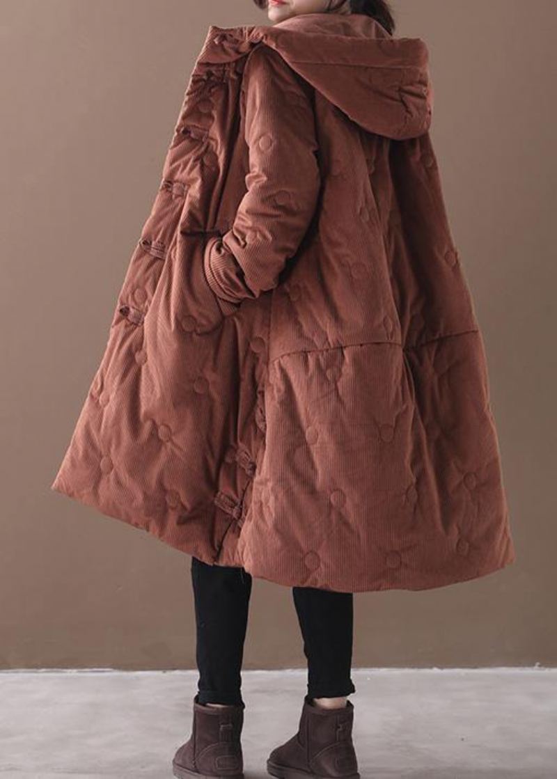 Manteau D'hiver Chaud Élégant Marron Tendance Grande Taille Boutons Chinois Manteaux À Capuche - Marron