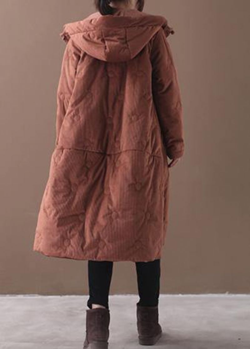 Manteau D'hiver Chaud Élégant Marron Tendance Grande Taille Boutons Chinois Manteaux À Capuche - Marron