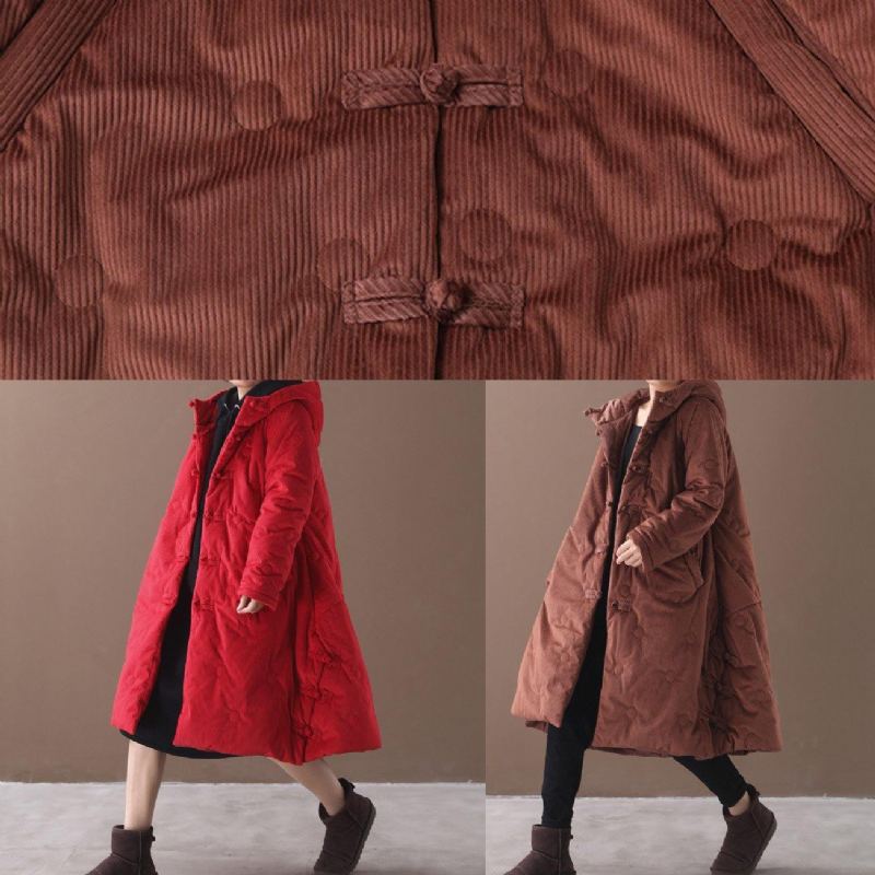 Manteau D'hiver Chaud Élégant Marron Tendance Grande Taille Boutons Chinois Manteaux À Capuche - Marron