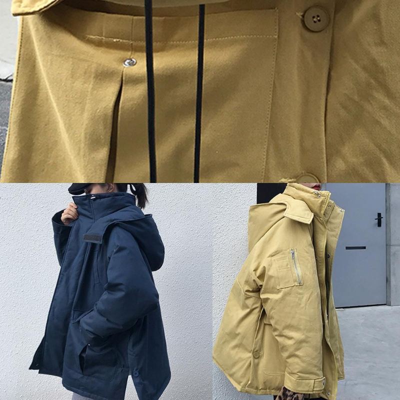 Manteau D'hiver Chaud Grande Taille Manteaux Ouverts Sur Le Côté Parkas À Capuche Jaune Pour Femmes - Bleu Foncé