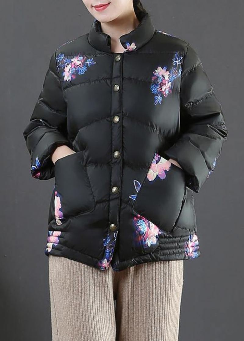 Manteau D'hiver Chaud Imprimé Noir Élégant Parka Ample Pour Femme Col Montant Poches Pardessus Fin - Doudounes femmes