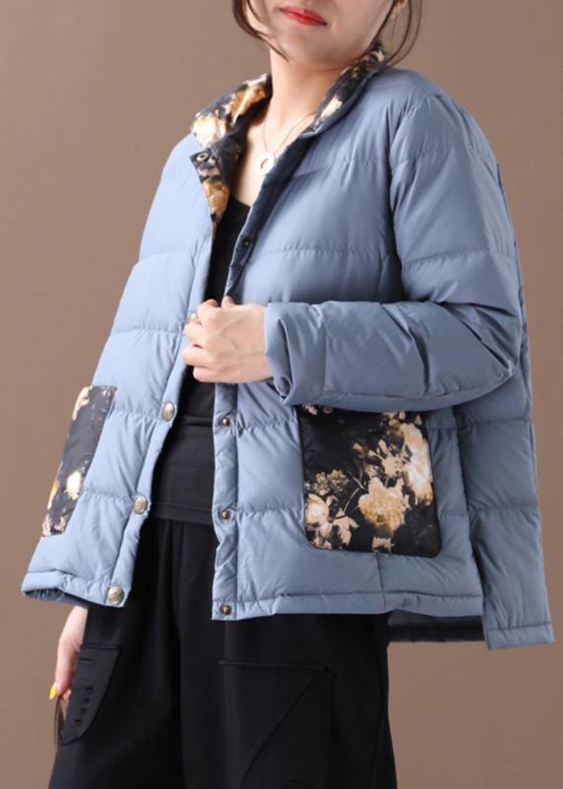 Manteau D'hiver Chaud Imprimé Patchwork Bleu Élégant Grande Taille Col Montant Poches Pardessus