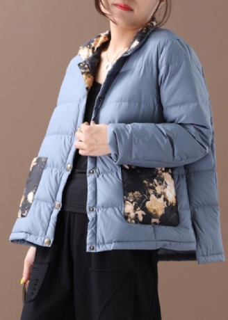 Manteau D'hiver Chaud Imprimé Patchwork Bleu Élégant Grande Taille Col Montant Poches Pardessus