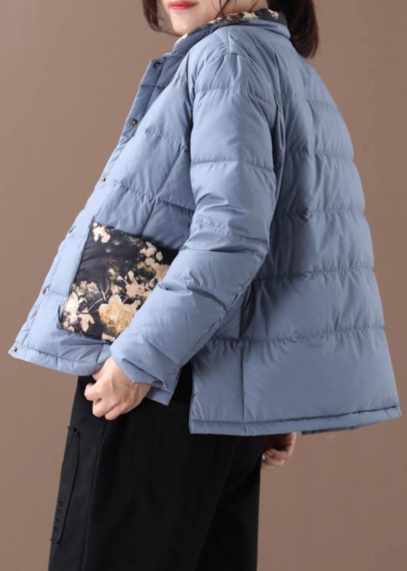 Manteau D'hiver Chaud Imprimé Patchwork Bleu Élégant Grande Taille Col Montant Poches Pardessus - Doudounes femmes