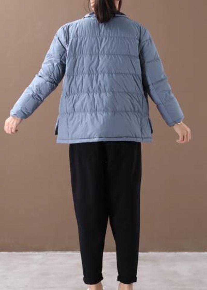 Manteau D'hiver Chaud Imprimé Patchwork Bleu Élégant Grande Taille Col Montant Poches Pardessus - Doudounes femmes