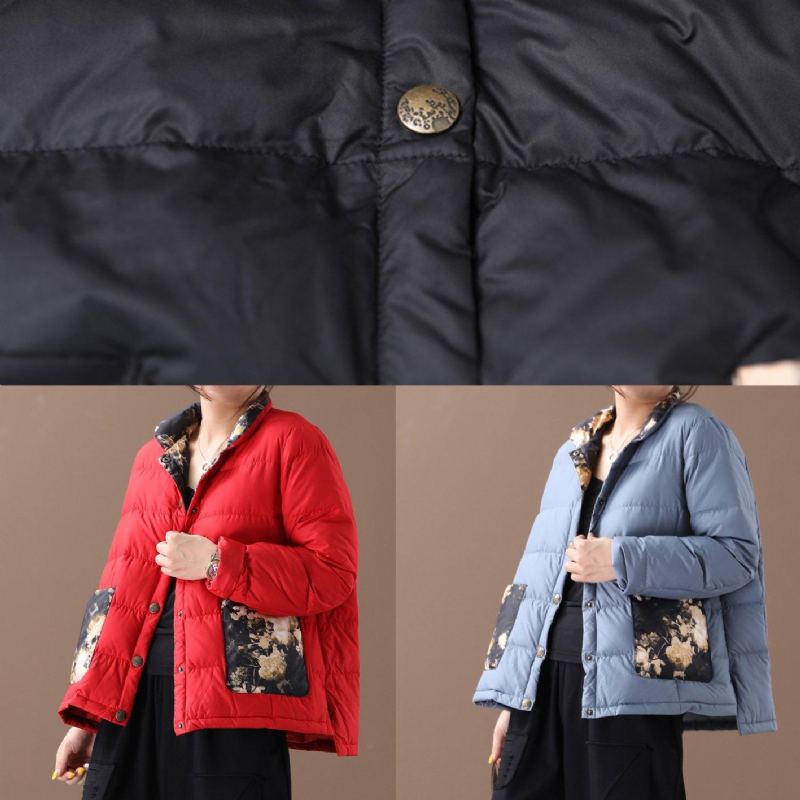 Manteau D'hiver Chaud Imprimé Patchwork Bleu Élégant Grande Taille Col Montant Poches Pardessus - Doudounes femmes