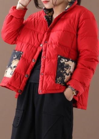 Manteau D'hiver Chaud Imprimé Patchwork Rouge Fin Col Montant Poches Vêtements D'extérieur