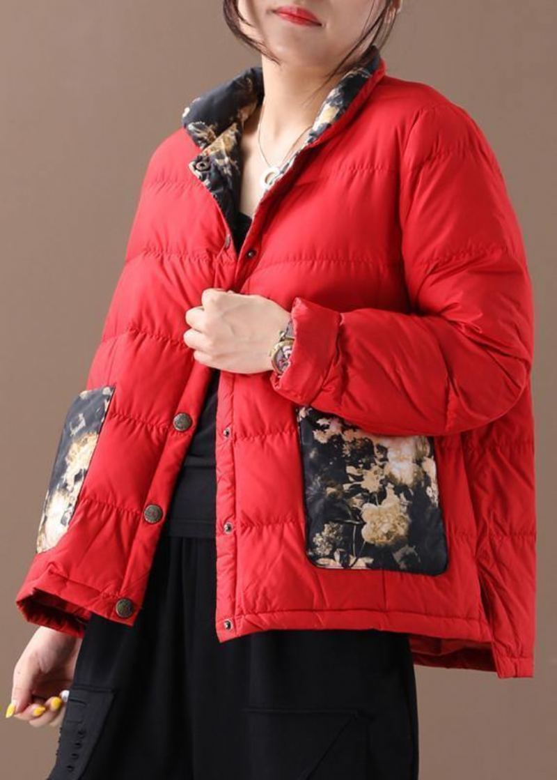 Manteau D'hiver Chaud Imprimé Patchwork Rouge Fin Col Montant Poches Vêtements D'extérieur - Doudounes femmes