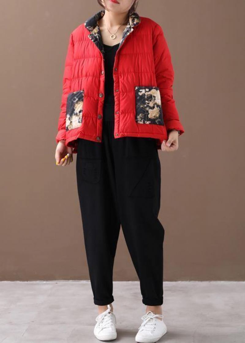 Manteau D'hiver Chaud Imprimé Patchwork Rouge Fin Col Montant Poches Vêtements D'extérieur - Doudounes femmes