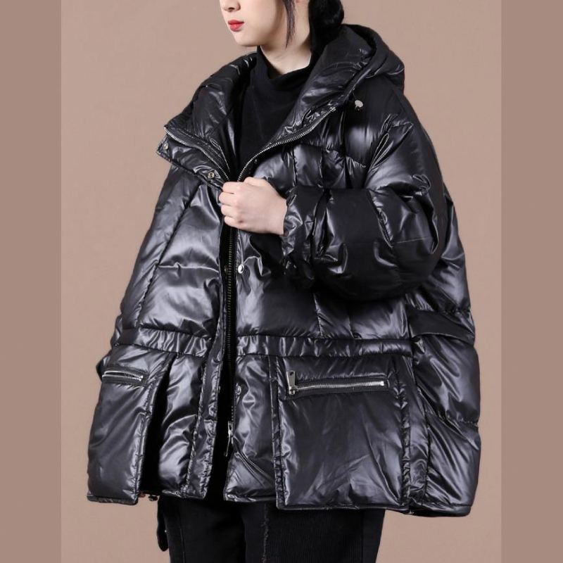 Manteau D'hiver Chaud Noir Décontracté Grande Taille Doudoune À Capuche Avec Fermeture Éclair Pardessus - Noir