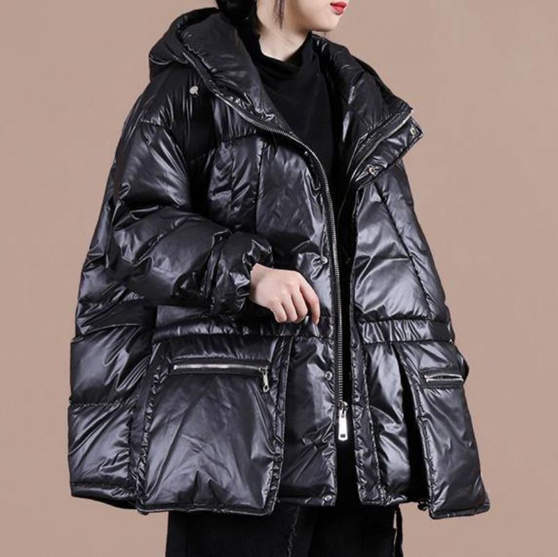 Manteau D'hiver Chaud Noir Décontracté Grande Taille Doudoune À Capuche Avec Fermeture Éclair Pardessus - Noir