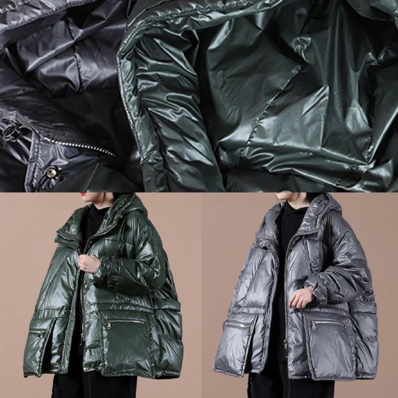 Manteau D'hiver Chaud Noir Décontracté Grande Taille Doudoune À Capuche Avec Fermeture Éclair Pardessus - Noir