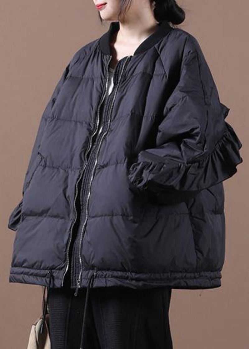 Manteau D'hiver Chaud Noir Décontracté Veste Surdimensionnée Col Montant À Volants Vestes Décontractée - Noir