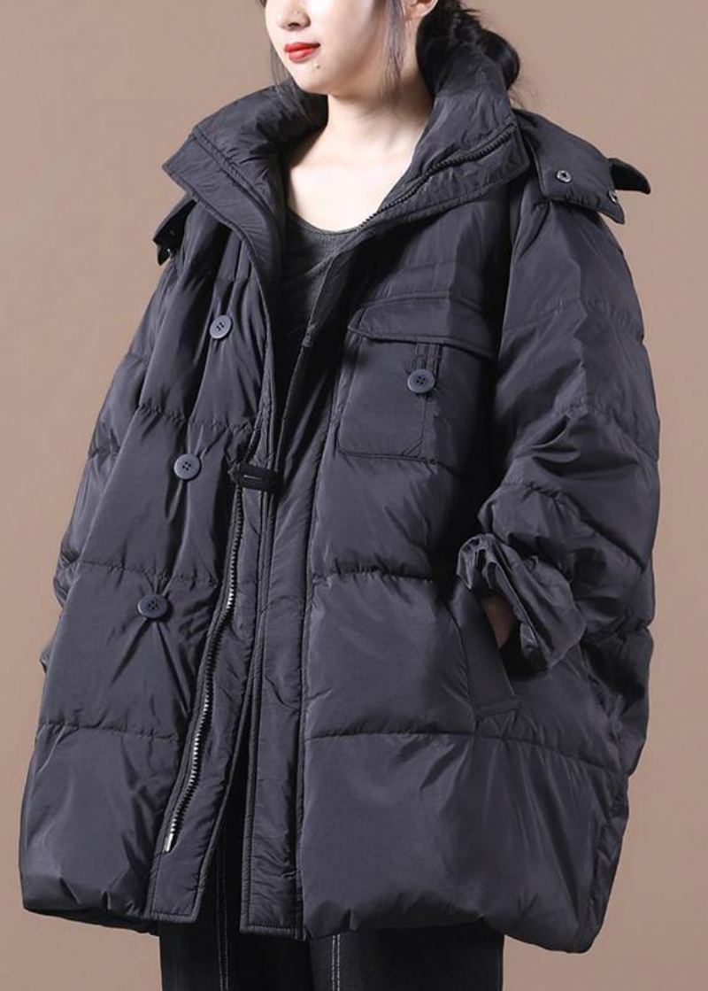 Manteau D'hiver Chaud Noir Pour Femme Doudoune Grande Taille À Capuche Avec Fermeture Éclair - Noir