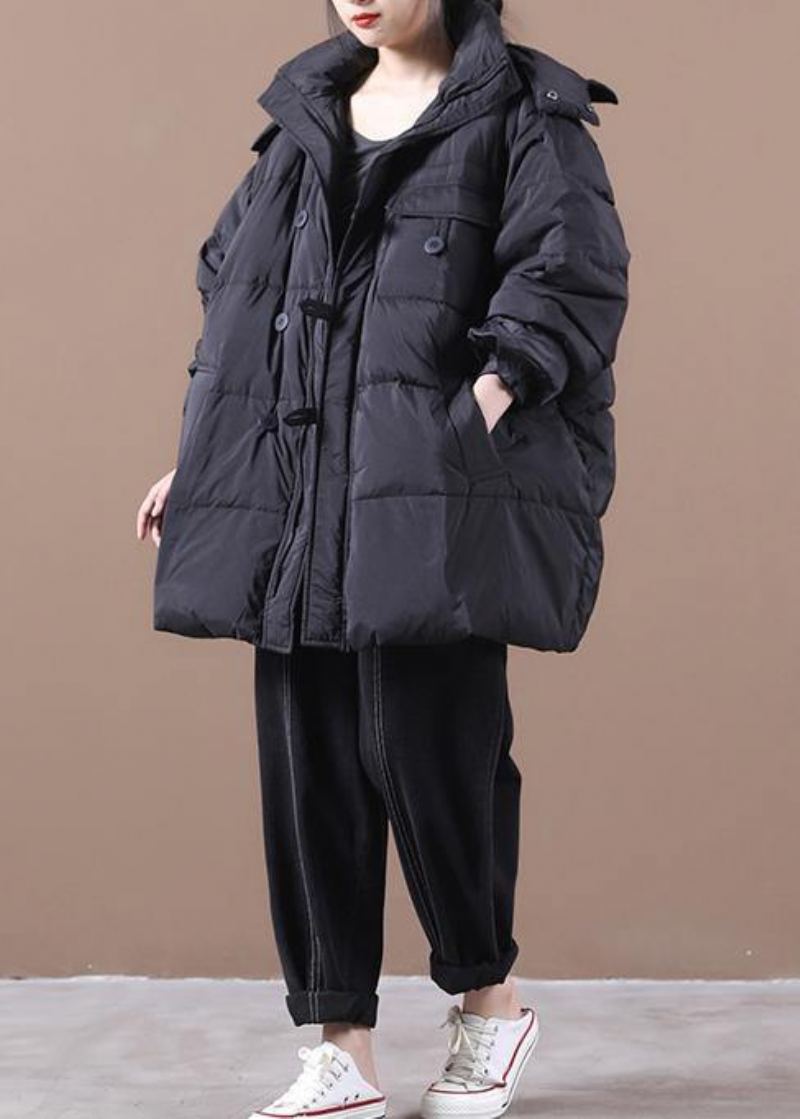 Manteau D'hiver Chaud Noir Pour Femme Doudoune Grande Taille À Capuche Avec Fermeture Éclair - Noir