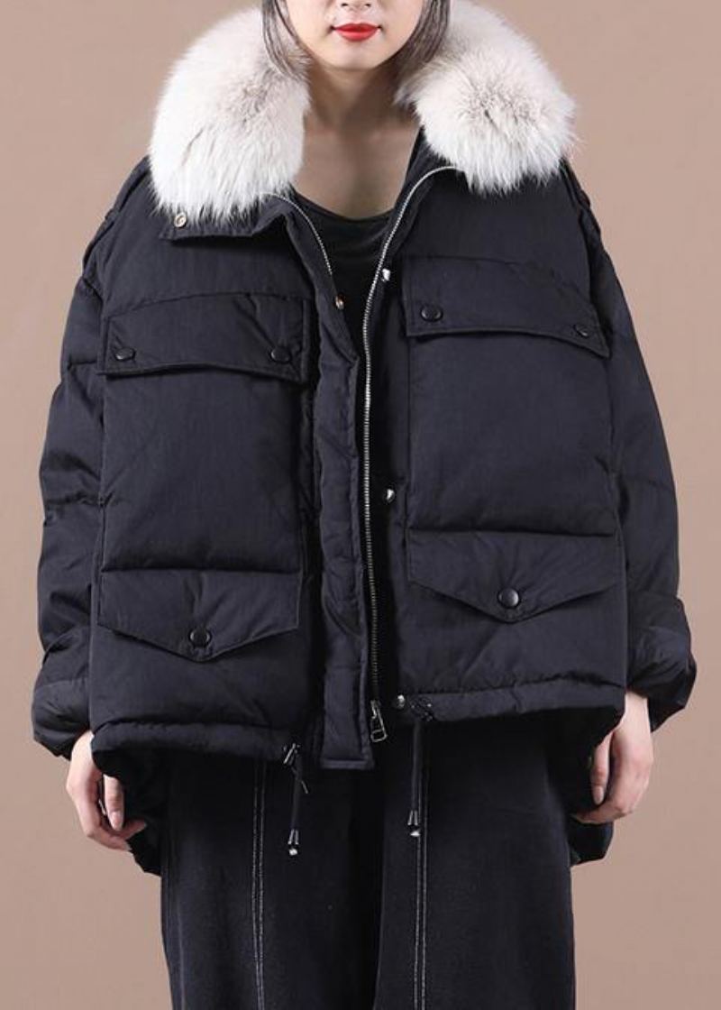 Manteau D'hiver Chaud Noir Pour Femme Parka Grande Taille Avec Col En Fausse Fourrure Manteaux Élégants Cordon De Serrage - Noir