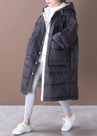 Manteau D'hiver Chaud Noir De Luxe Grande Taille Parka Femme Poches À Capuche Manteaux Chauds