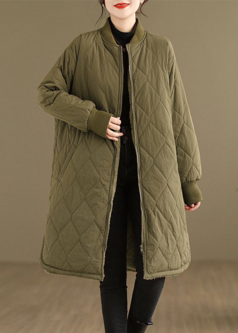 Manteau D'hiver Chaud En Polaire Pour Femme Avec Poches Kaki De Grande Taille Zippées - Doudounes femmes