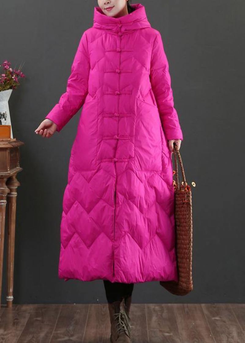 Manteau D'hiver Chaud Rose Décontracté Parka Ample À Capuche Avec Boutons Chinois Vêtements D'extérieur Chauds - Rose