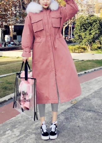 Manteau D'hiver Chaud Rose Fin Parka Grande Taille À Capuche Manches Évasées Pardessus Pour Femme