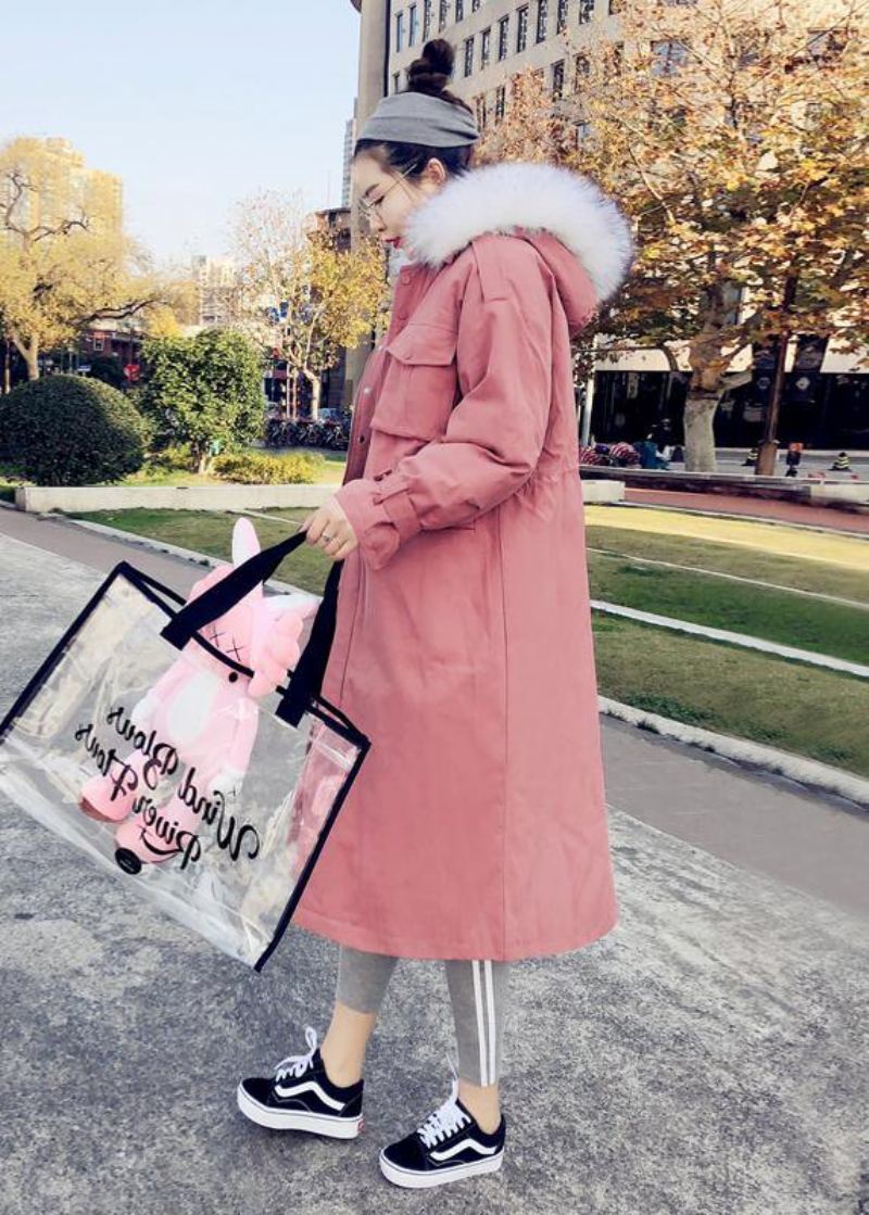 Manteau D'hiver Chaud Rose Fin Parka Grande Taille À Capuche Manches Évasées Pardessus Pour Femme - Doudounes femmes