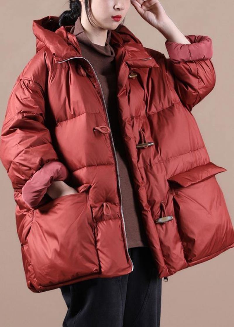 Manteau D'hiver Chaud Rouge Élégant Parka Ample Pour Femme Avec Poches À Capuche Pardessus