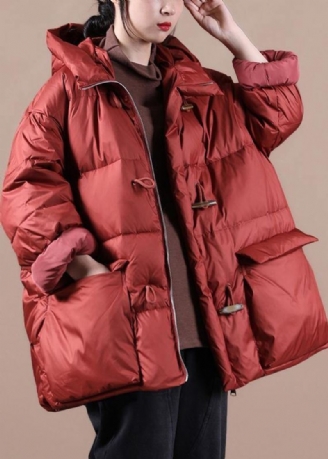 Manteau D'hiver Chaud Rouge Élégant Parka Ample Pour Femme Avec Poches À Capuche Pardessus