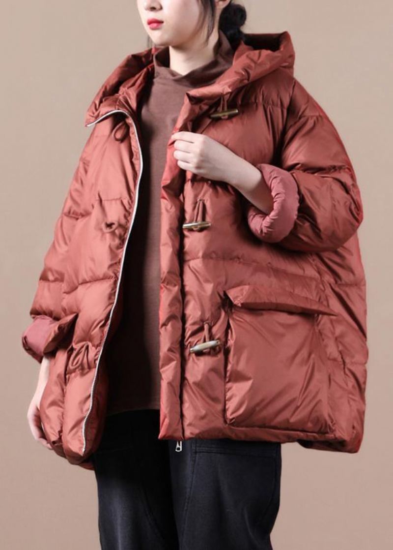 Manteau D'hiver Chaud Rouge Élégant Parka Ample Pour Femme Avec Poches À Capuche Pardessus - Doudounes femmes