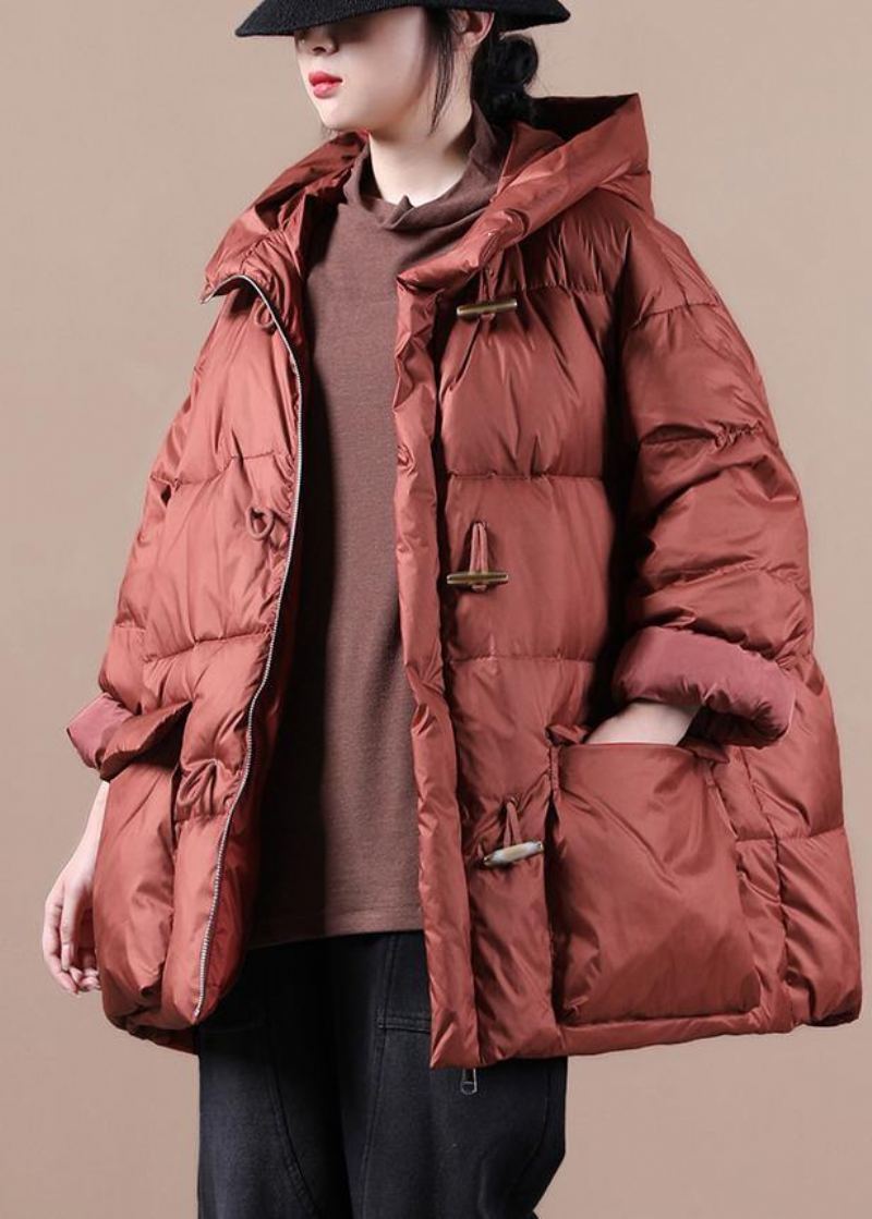 Manteau D'hiver Chaud Rouge Élégant Parka Ample Pour Femme Avec Poches À Capuche Pardessus - Doudounes femmes