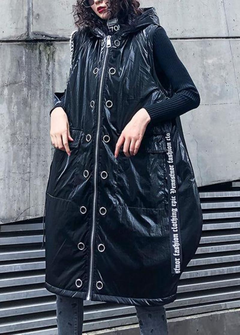 Manteau D'hiver Chaud Sans Manches Pour Femme Grande Taille Parka Noire À Capuche Et Fermeture Éclair