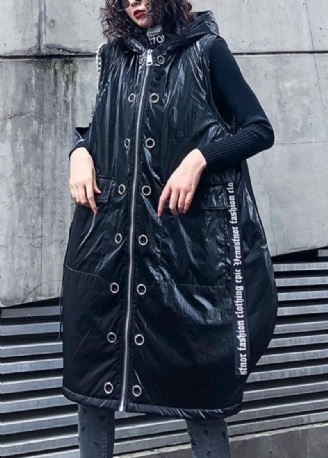 Manteau D'hiver Chaud Sans Manches Pour Femme Grande Taille Parka Noire À Capuche Et Fermeture Éclair