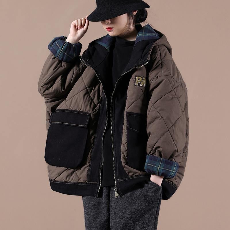 Manteau D'hiver Chaud Surdimensionné Décontracté Pour Femme Parkas À Capuche En Patchwork À Carreaux Chocolat