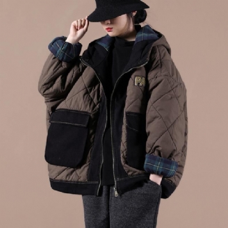 Manteau D'hiver Chaud Surdimensionné Décontracté Pour Femme Parkas À Capuche En Patchwork À Carreaux Chocolat