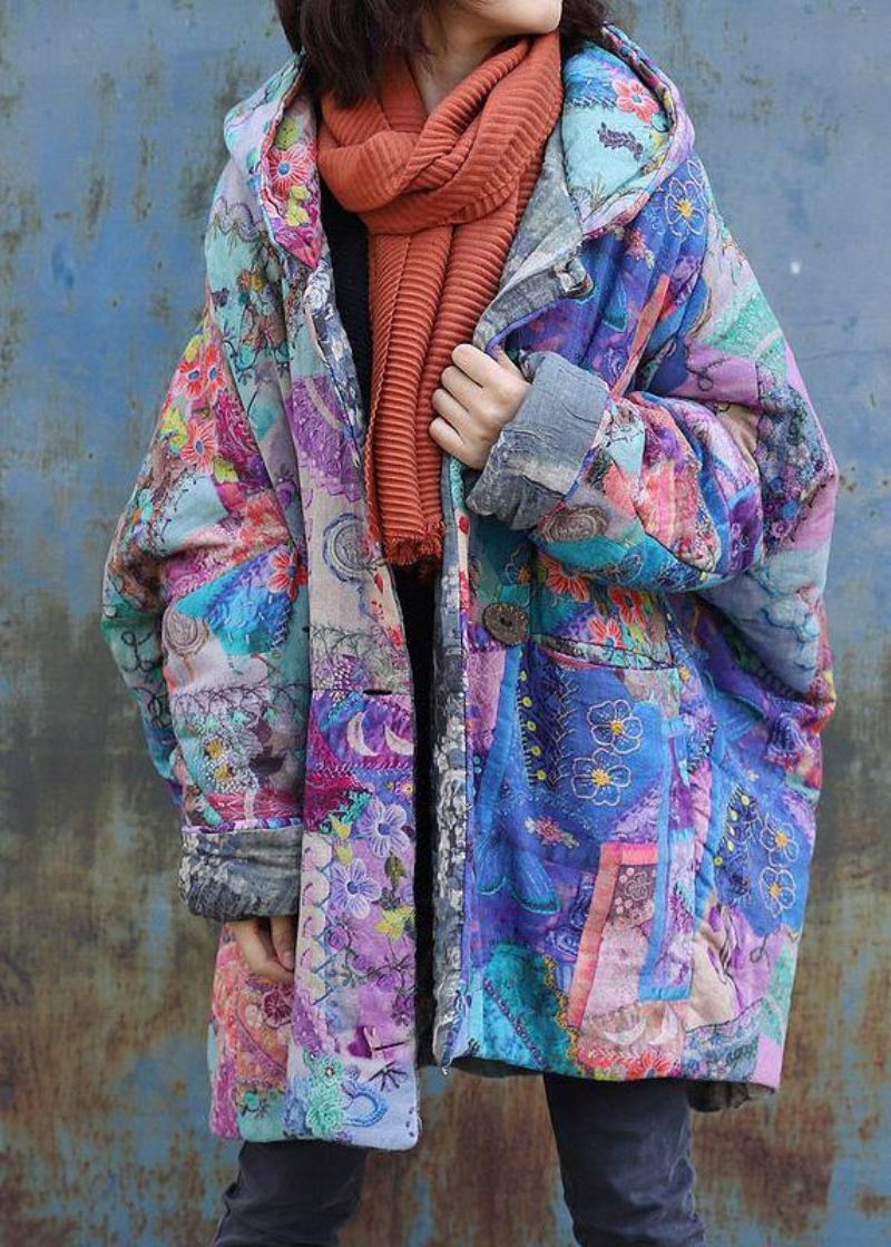 Manteau D'hiver Chaud Surdimensionné À Imprimé Violet Pardessus Patchwork À Capuche