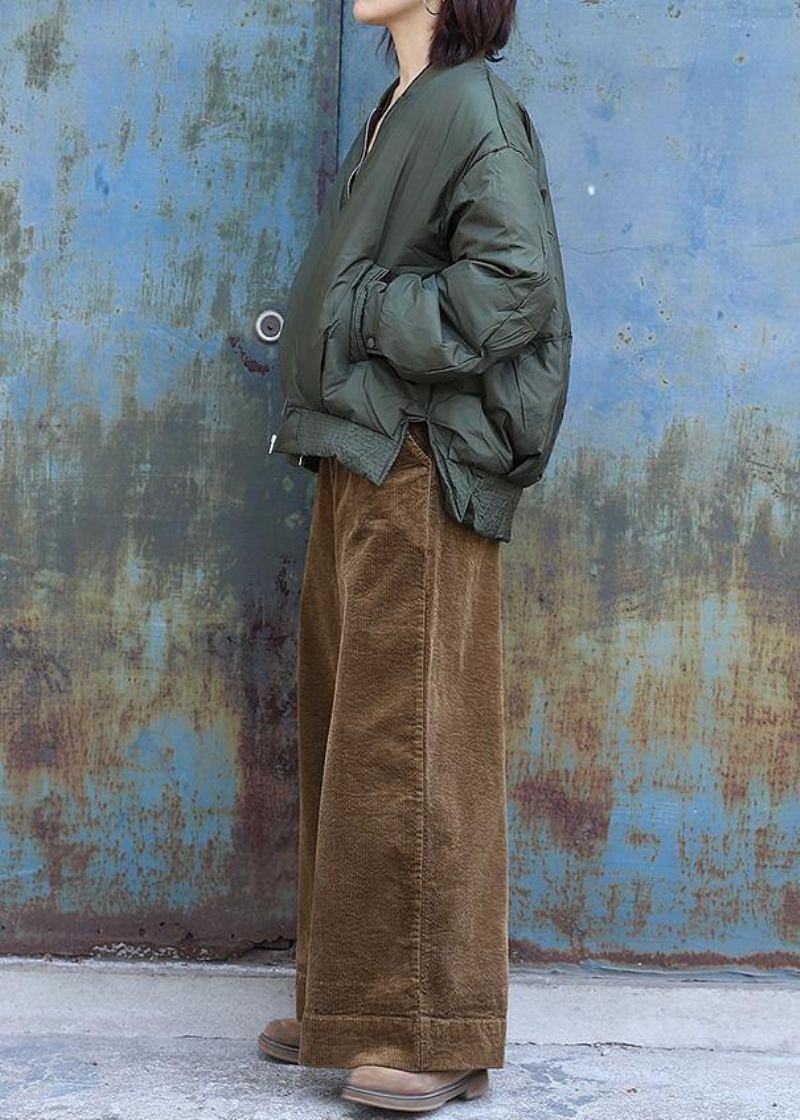 Manteau D'hiver Chaud Surdimensionné De Luxe Pour Femmes Vêtements D'extérieur À Col Montant Vert Armée Parkas Court Ouvert Sur Le Côté - Doudounes femmes