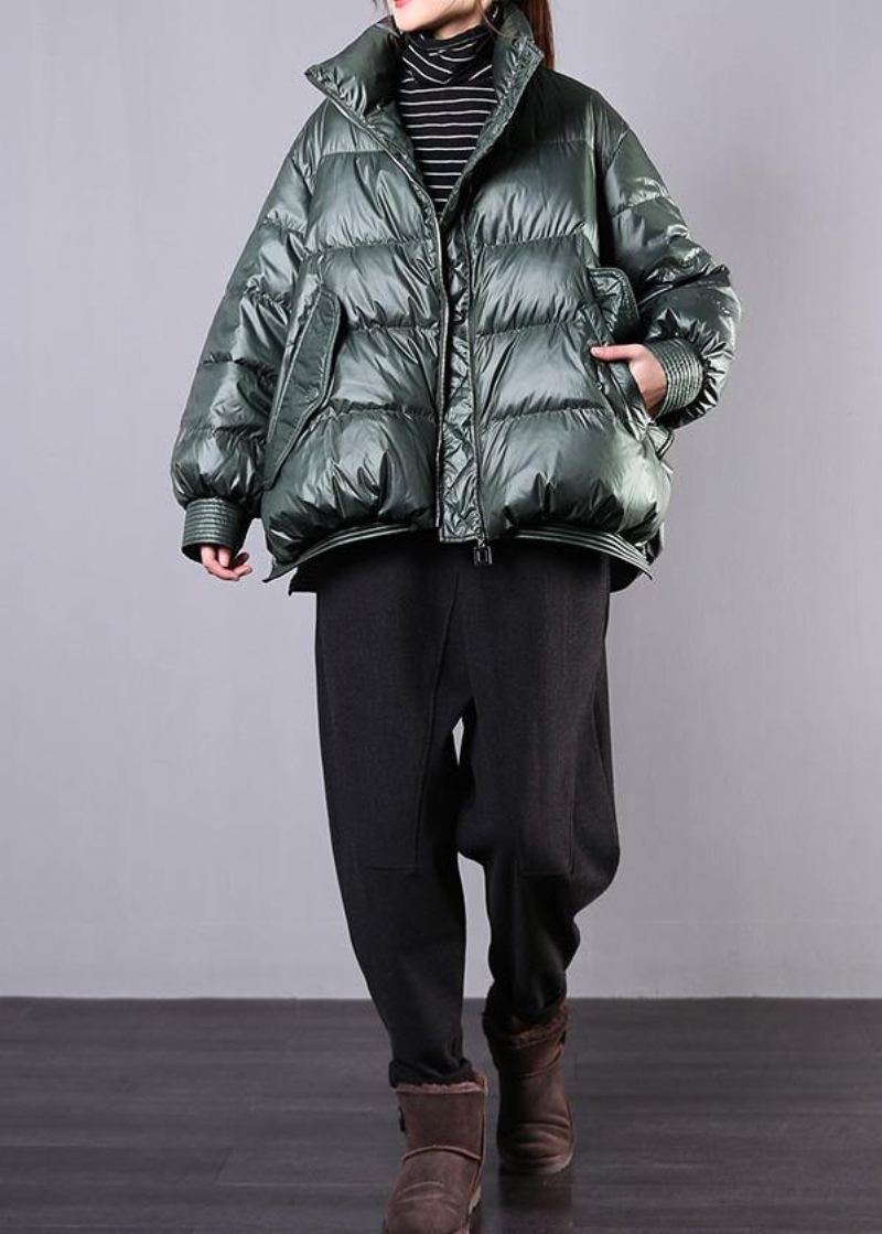 Manteau D'hiver Chaud Vert Noirâtre Élégant Tendance Grande Taille Col Montant Vestes Décontractée À Fermeture Éclair - Doudounes femmes