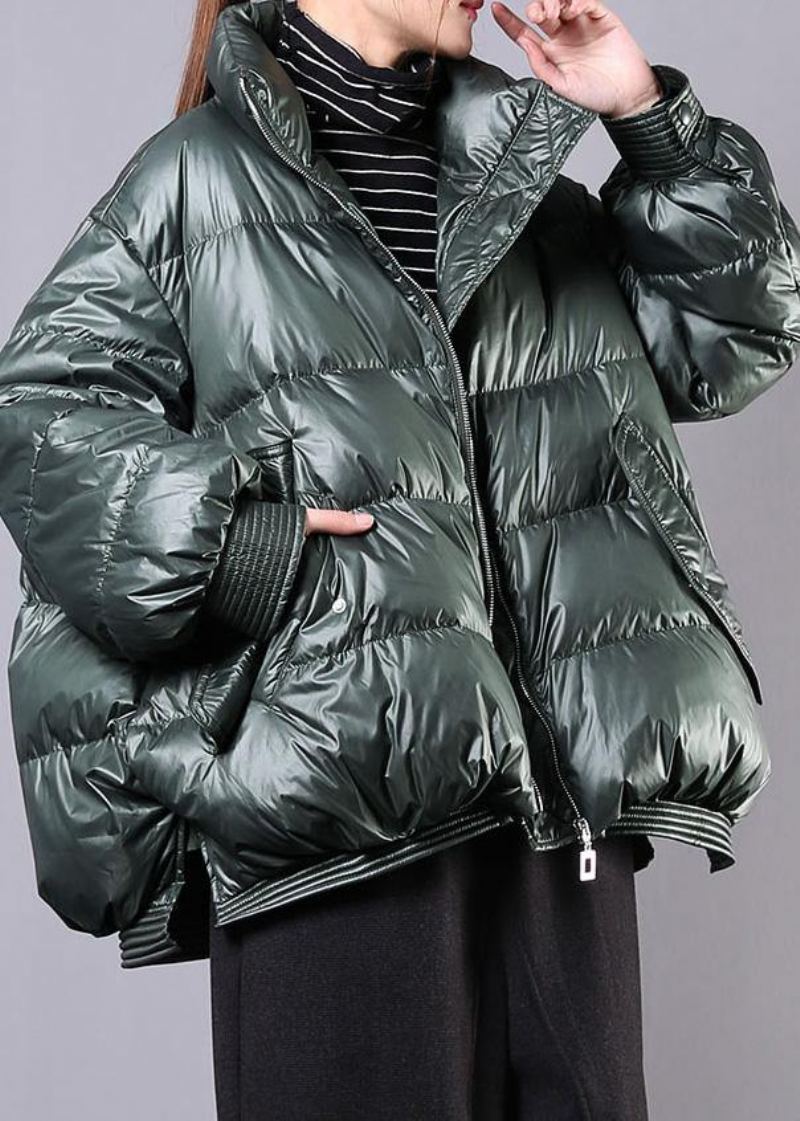 Manteau D'hiver Chaud Vert Noirâtre Élégant Tendance Grande Taille Col Montant Vestes Décontractée À Fermeture Éclair - Doudounes femmes